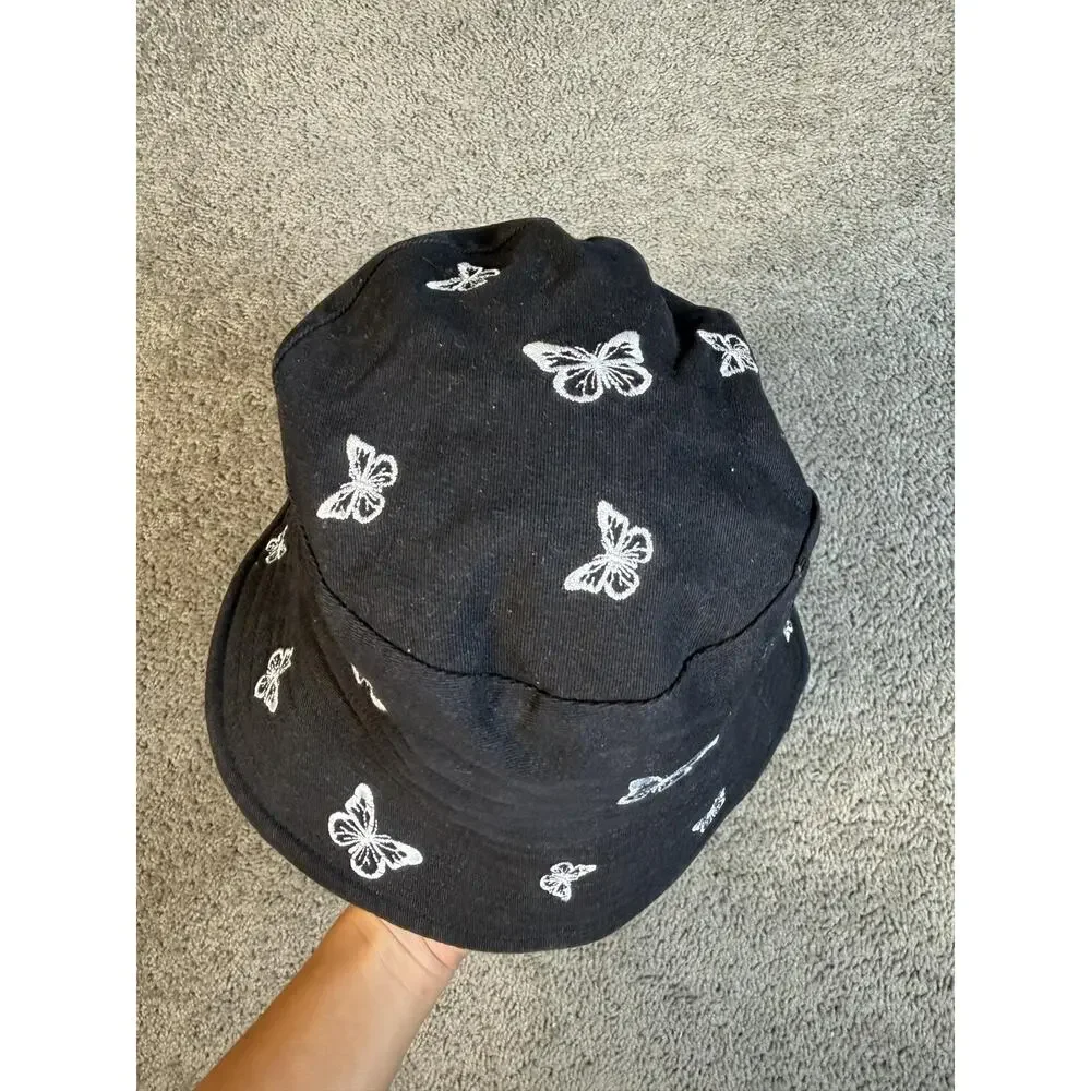 ButterflyHat Bucket Womens One Size Black Embroidered Cotton Twill Packable